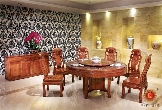 刺猬紫檀136/150雕花圓臺7件套+餐邊柜