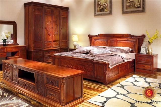 巴花2.1米地柜+如意妝臺+漢宮大床+如意四門衣柜