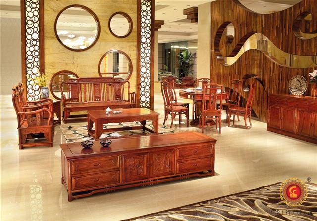 巴花明式沙發5件套+如意地柜+明式3號圓臺